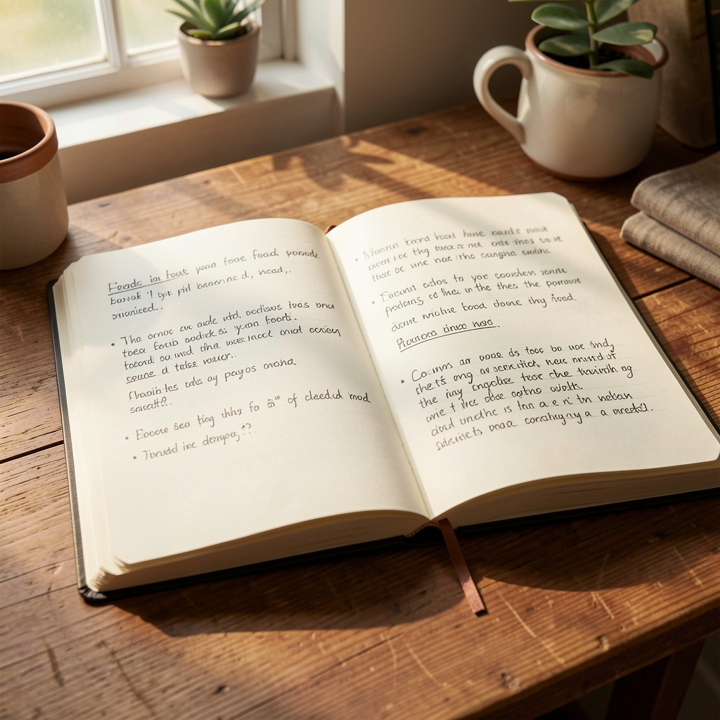Open field notebook with handwritten food observation entries on a wooden desk in morning light