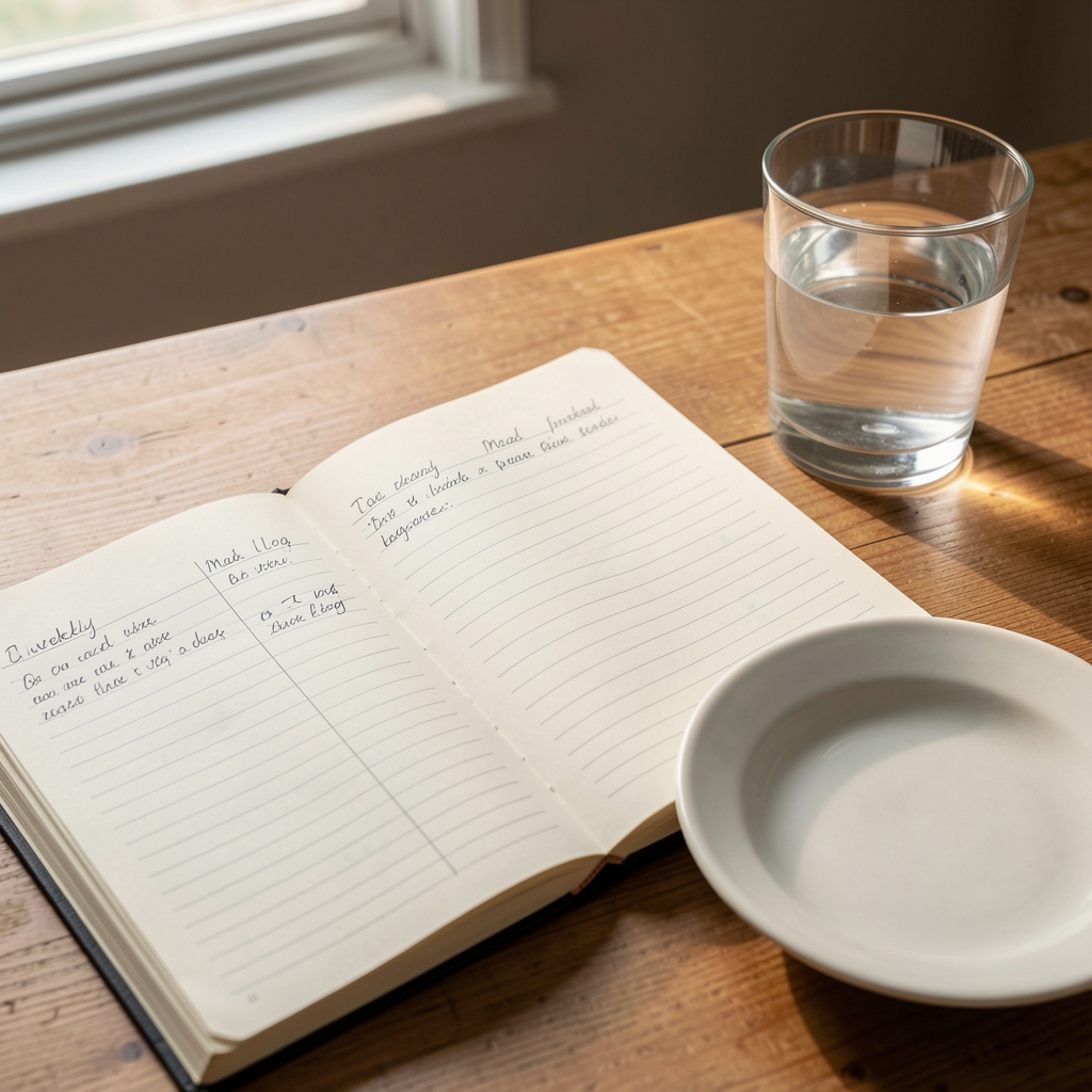 Handwritten weekly meal log notebook open on a desk beside an empty plate and a half-drunk glass of water in quiet afternoon light