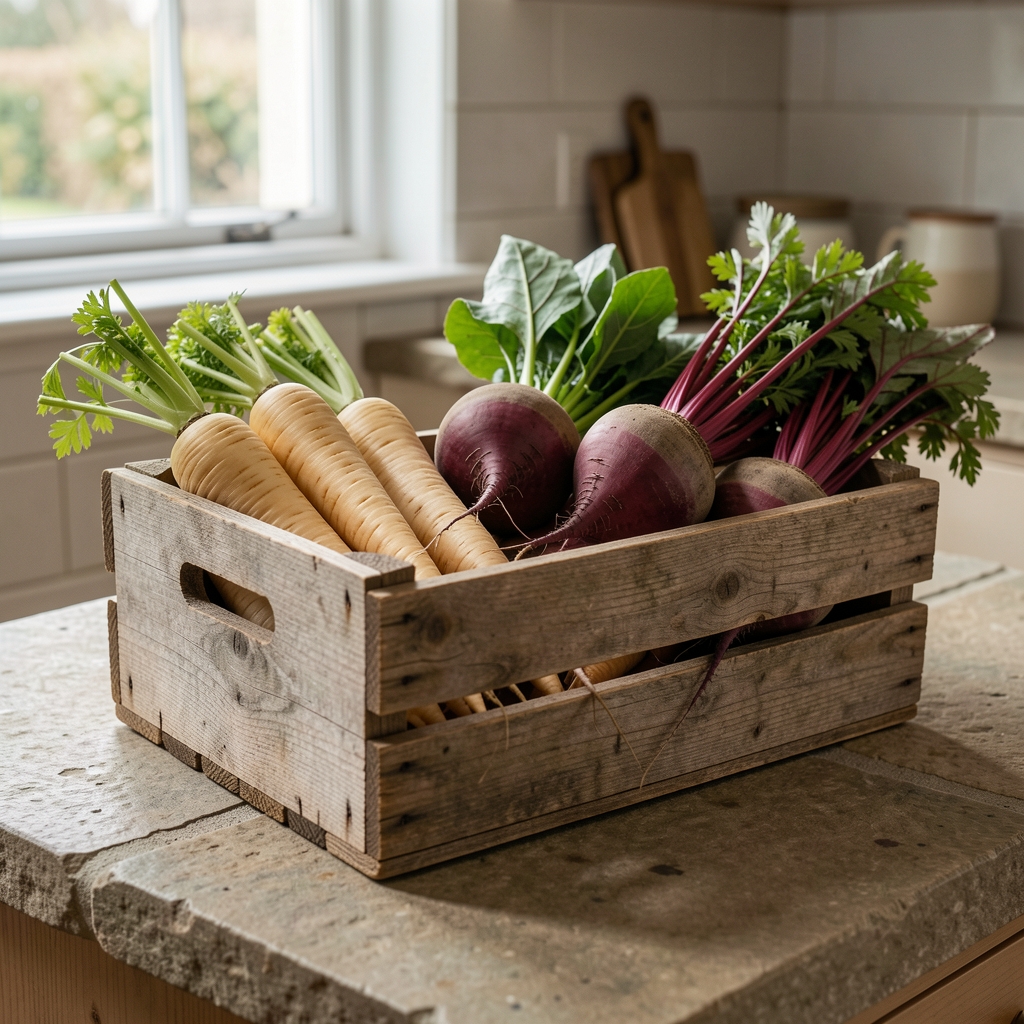 A weathered wooden crate of assorted winter root vegetables including parsnips and beetroot resting on a stone kitchen counter in natural daylight