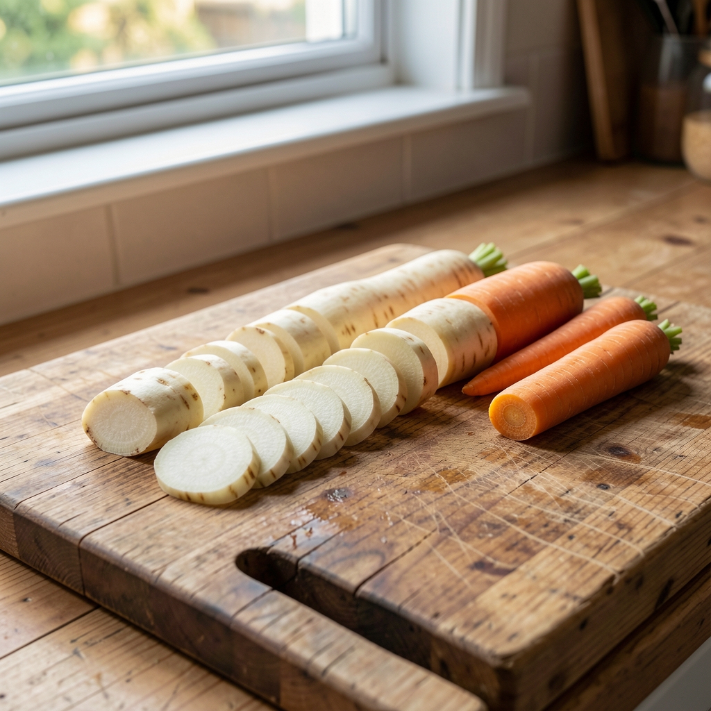 Preparation board with sliced and peeled celeriac and parsnips arranged in neat rows on a worn wooden chopping surface under kitchen window light