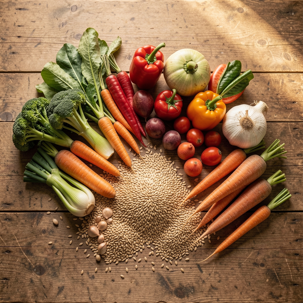 Overhead arrangement of seasonal vegetables and whole grains on a worn wooden kitchen table in soft morning light