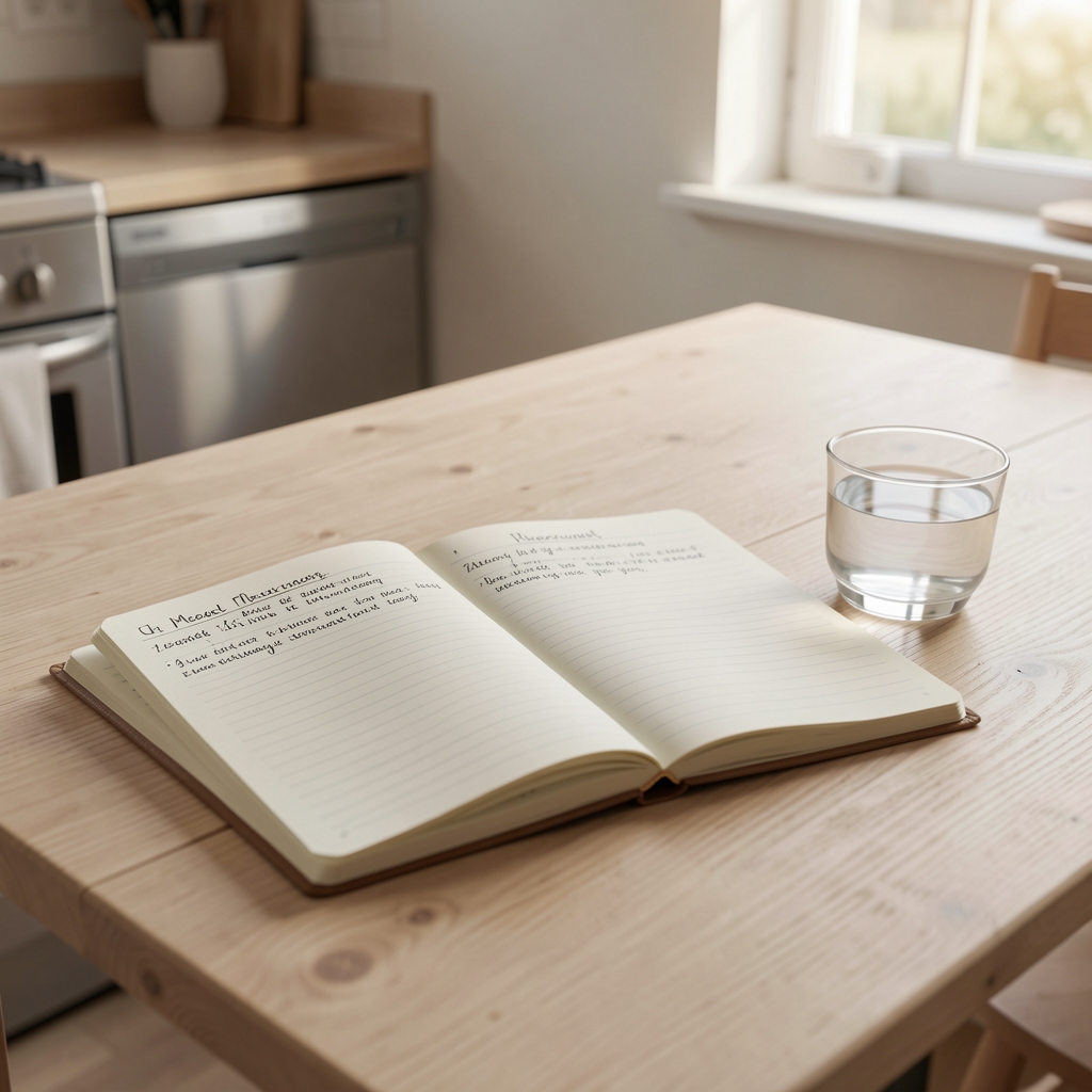Quiet kitchen scene with two handwritten meal-planning notebooks open on a pale wooden table next to a small glass of water in morning light